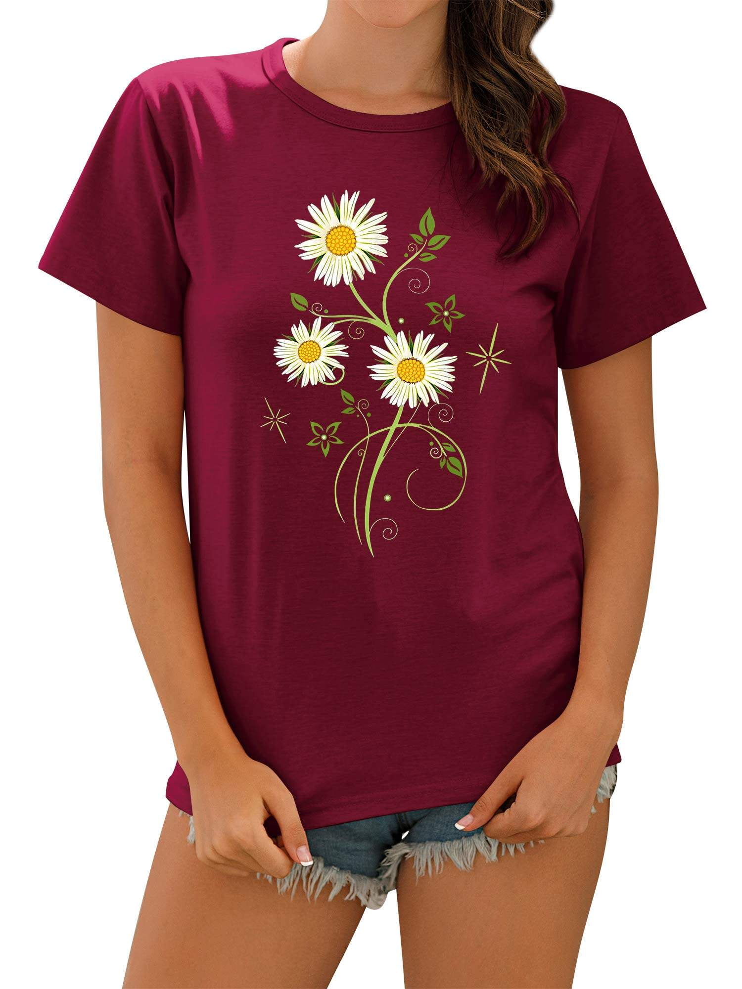 【CPGN STUDIO】Daisy Flower Short Sleeve T-shirt ZXSXSY Women Short Sleeves Daisy Flowers Printed Crew Neck T