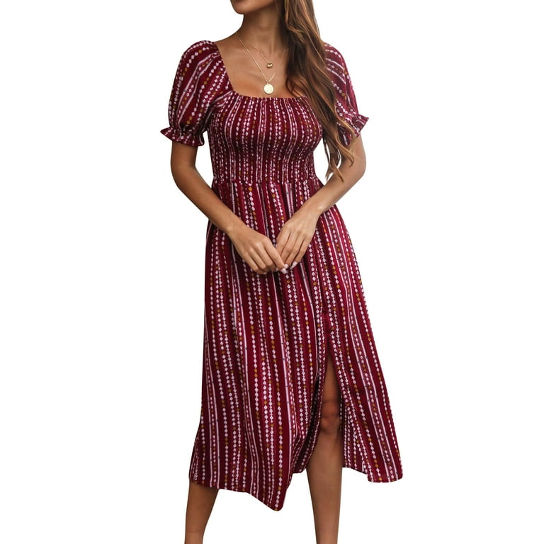 ZXSXSY Women Smocked Print Square Neck Puff Sleeve Side ZXSXSY Women Smocked Print Square Neck Puff Sleeve Side