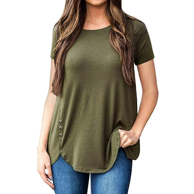 ZXSXSY Women Solid Color Crew Neck Short Sleeve Side Button Irregular Hem  Top