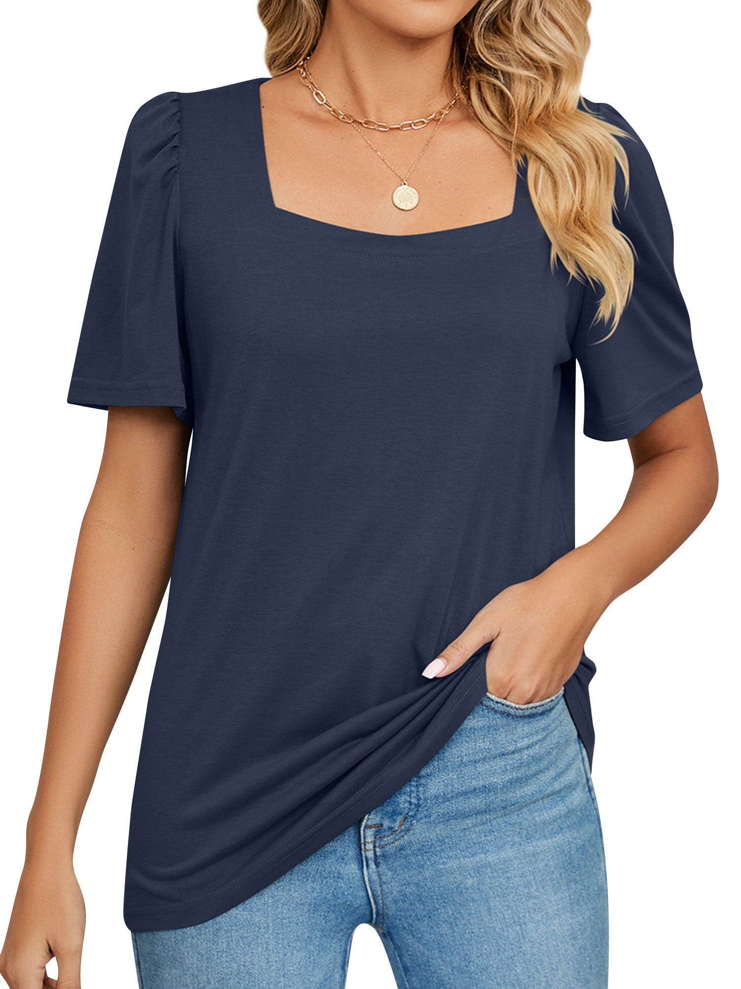 ZXSXSY Women Square Neck Ruch Short Sleeve Solid Color Top