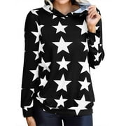 ZXZY Women Stars Printed Long Sleeves Solid Color Casual Hooded Top