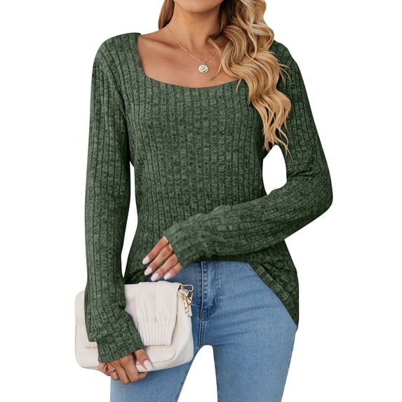 ZXSXSY Women Stripes Knitt Long Sleeve Square Neck Solid Color Sweater