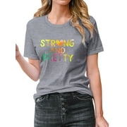 ZXZY Women Strong And Pretty Letter Printed Crew Neck Casual Tee Shirt