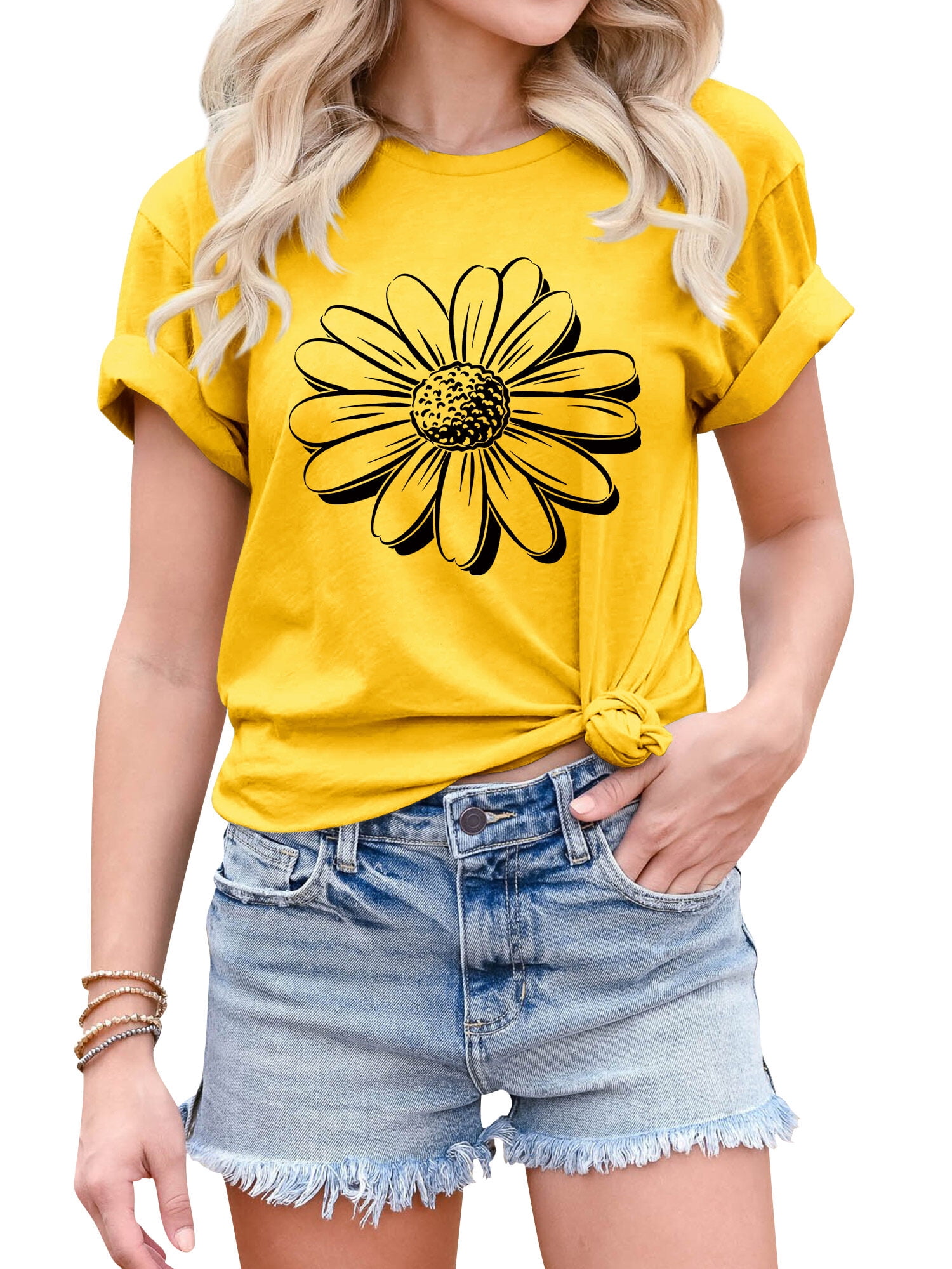 ZXSXSY Women Sunflower Floral Graphic Printed Crew Neck Short