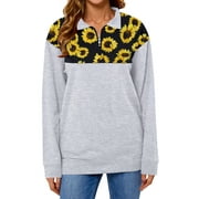 ZXZY Women Sunflower Print Zipper Lapel Long Sleeve Colorblock Pullover
