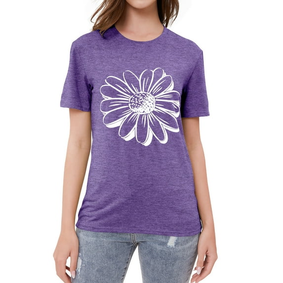 ZXSXSY Women Sunflower Printed Crew Neck Short Sleeves Top