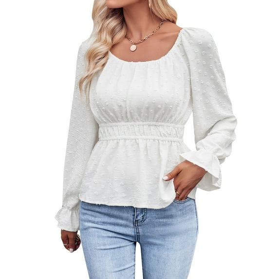 ZXZY Women Swiss Dots Smocked Pleated Square Neck Ruffle Long Sleeve Peplum Blouse