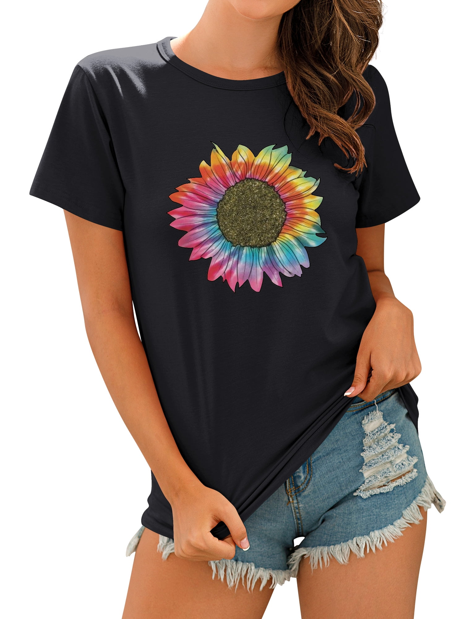 トップス Y's girl&flower print design t-shirts YIJIU Women's Short Sleeve Oversized Graphic Tees Cute Print