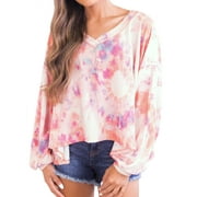 ZXZY Women Tie-Dyed Printed Lantern Long Sleeves V Neck Top