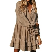 ZXZY Women Tiered Ruffled V Neck Long Sleeves Solid Casual Mini Dress
