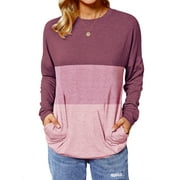 ZXZY Women Tricolor Block Crew Neck Long Sleeve Pullover Top with Pockets