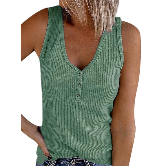 ZXSXSY Women V Neck Buttons Solid Color Ribbed Summer Sleeveless Tank Top