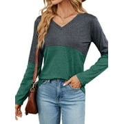 ZXZY Women V Neck Color Block Long Sleeve Pullover Top
