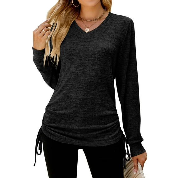 ZXSXSY Women V Neck Ruched Drawstring Long Seeve Solid Color Top