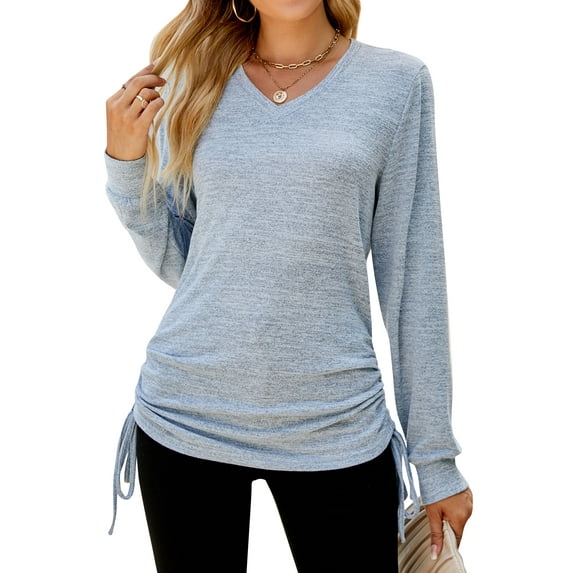 ZXSXSY Women V Neck Ruched Drawstring Long Seeve Solid Color Top