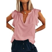 ZXZY Women V-Neck Ruffle Flutter Sleeve Pleated Solid Color T-Shirt