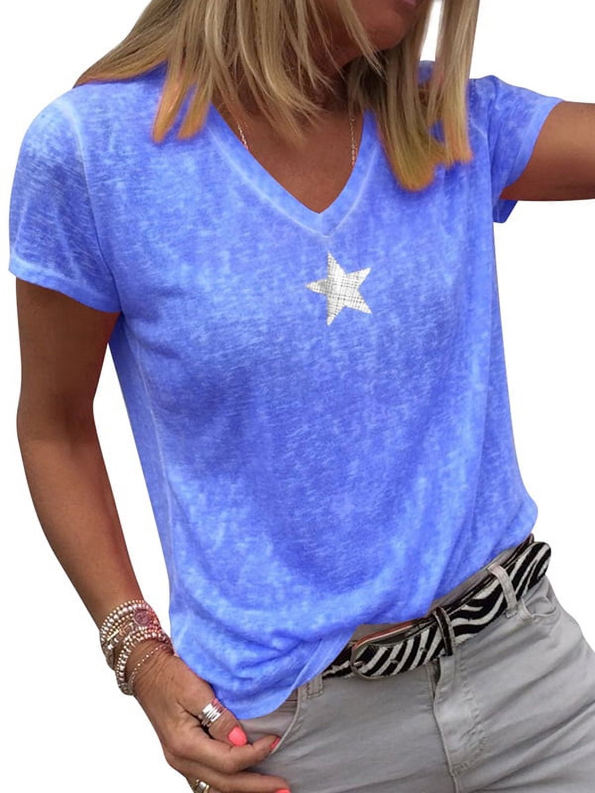 ZXZY Women V Neck Short Sleeve Star Print Solid Color Casual T Shirt
