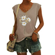 ZXZY Women V Neckline Floral Daisy Print Short Sleeve Summer T-Shirt