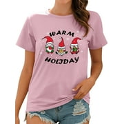 ZXZY Women Warm Holiday Letter Printed Crew Neck Solid T-shirt