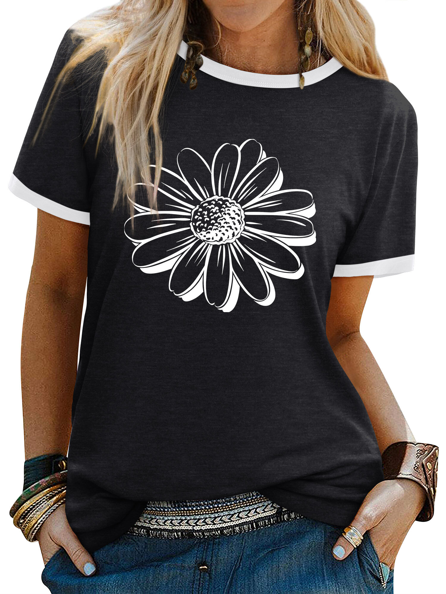 ZXSXSY Women's Daisy Print Color Block Round Neck Short Sleeve
