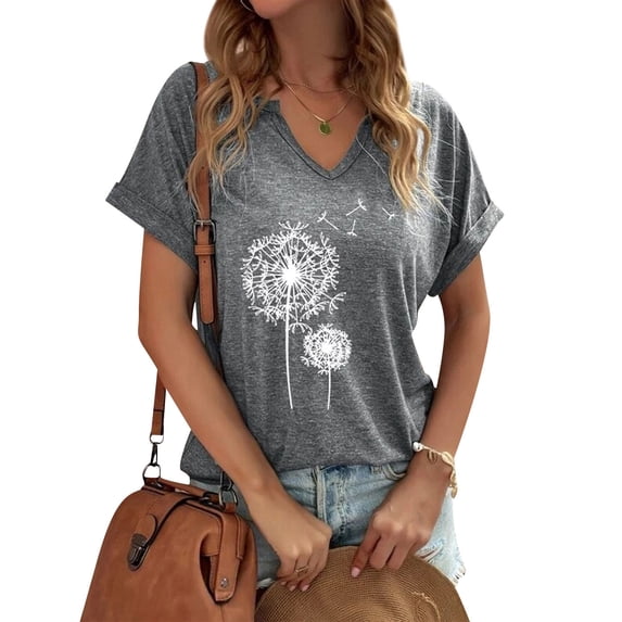 ZXSXSY Womens Graphic Dandelion Print V Neck Short Sleeve T-Shirt