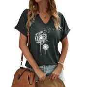 ZXZY Womens Graphic Dandelion Print V Neck Short Sleeve T-Shirt