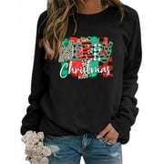 ZXZY Womens Merry Christmas Letter Print Long Sleeve Crew Neck Pullover Top