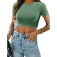 thumbnail image 1 of ZXSXSY Womens Short Sleeve Crew Neck Tassel Trim Wavy Hem Rib Crop Top, 1 of 6
