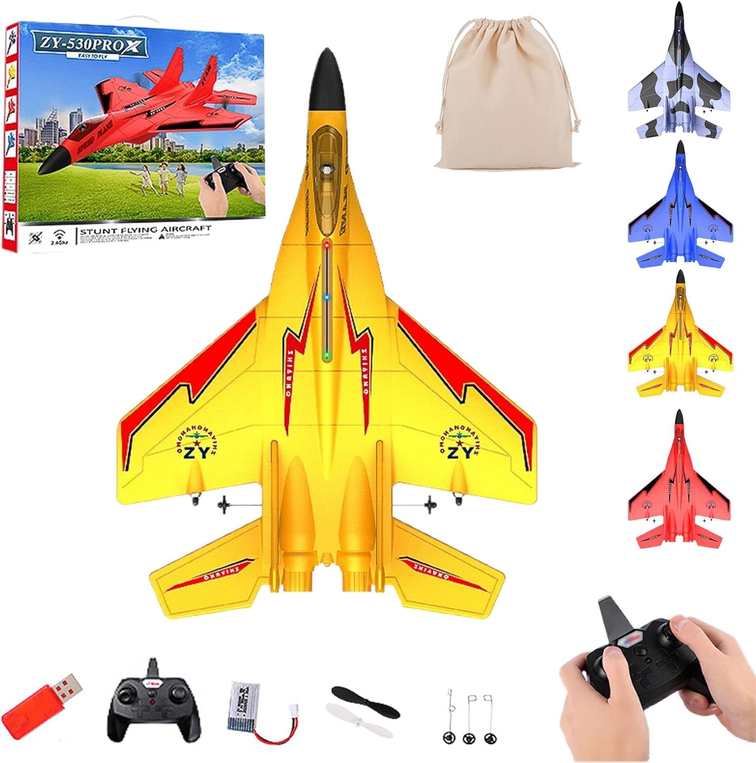 ZY 530 Pro Rc Plane, 2.4Ghz Rc Remote Control Fighter Plane Model, Gravity Gliders Airplane with Lights and Automatic Balance Gyro, Cool Night Navigation Lights for Aldult & Beginners
