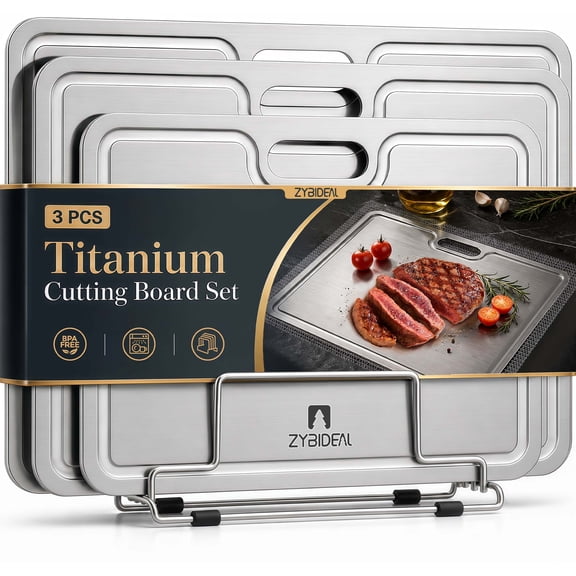 ZYBIDEAL 3-Piece Titanium Cutting Board Set with Juice Grooves, Nonslip Mat and Storage Stand for Meat, Vegetables and Fruit