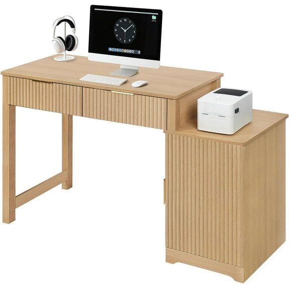 ZYBT 40" Fluted Executive Desk, Modern Wood Home Office Desk with Fluted Drawer & Removable Storage Cabinet and Printer Stand, Farmhouse Computer Writing Table for Work Study, Natural Oak