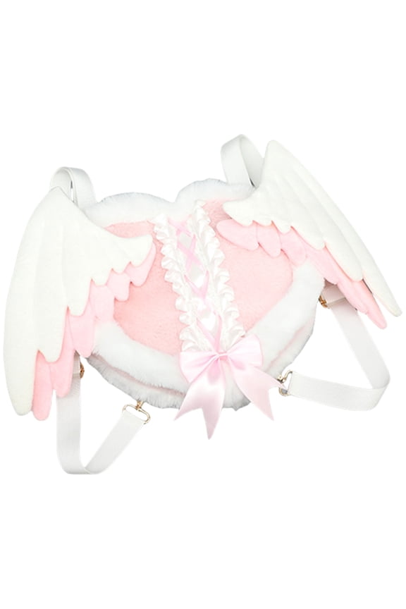 2000s Angel Heart Backpack Bag Plush Fashion Shoulders Bag with Detachable Angel Wing for Daily Travel Cosplay Props Bag