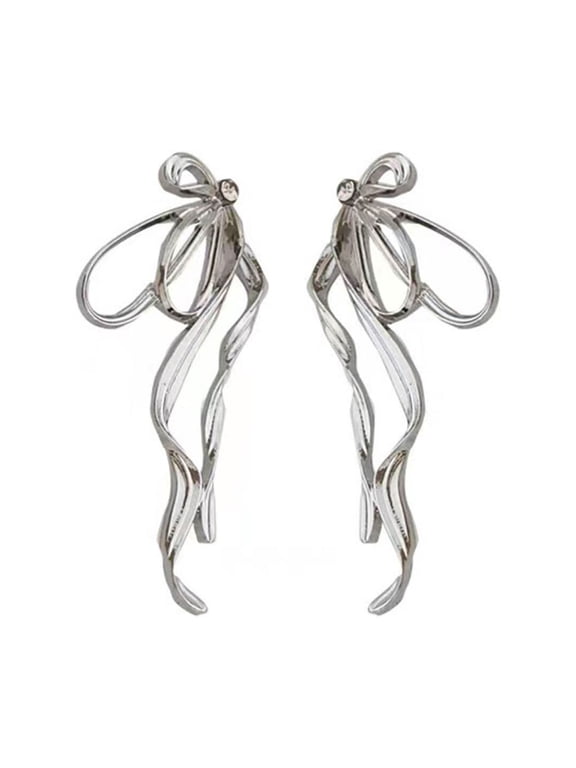 2023 Korean Fashion Irregular Bowknot Earrings Simple Silver Color Metal Line Big Long Bow Drop Earrings Female Jewelry