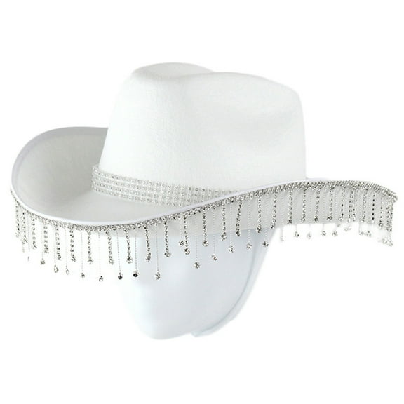 ZYHARUKO Cowgirl Hat with Rhinestones Fringe Wide Brim Western Styles Cowboy Hat for Women Party Music Festival Decorations