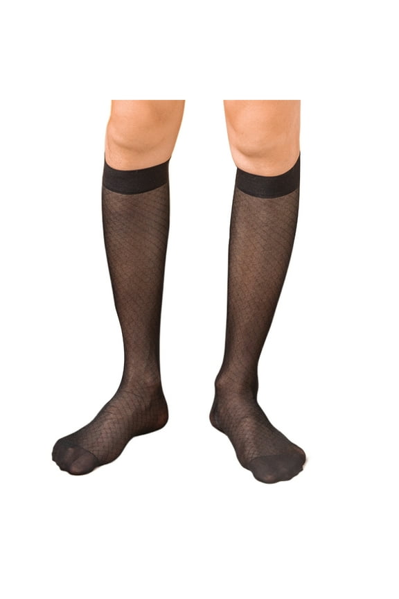 Elegant Mens Sheer Diamond Pattern Dress Socks See Through Nylon Business Formal Wear Thin Long Tube Over the Calf Socks