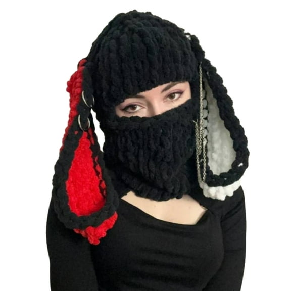 ZYHARUKO Knitting Balaclava Cap for Women Adult Rabbit Ear Beanie Hat Handmade Face Cover Hat Crochet Hooded Hat for Outdoor Ski