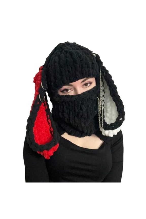 Knitting Balaclava Cap for Women Adult Rabbit Ear Beanie Hat Handmade Face Cover Hat Crochet Hooded Hat for Outdoor Ski