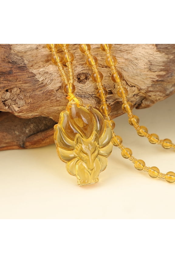 Nine-Tailed Foxes Pendant Necklace Chinese Hand-Carved Charm Jewelry Fashion Amulet Necklace Glass Material for Daily