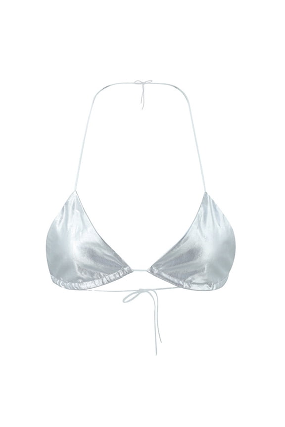 Women Summer Thin Simple Triangle Cup Bikini Bra Metallic Silver Color Wirefree Backless Brassire Sexy Bralette Clubwear