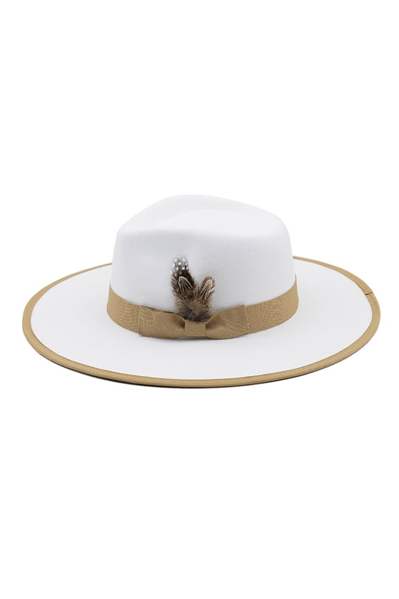 Womens White Wide Brim Flat Panama Hat Feather Bowknot Wool Fedora Hat for Autumn Winter Wide Brim Hat