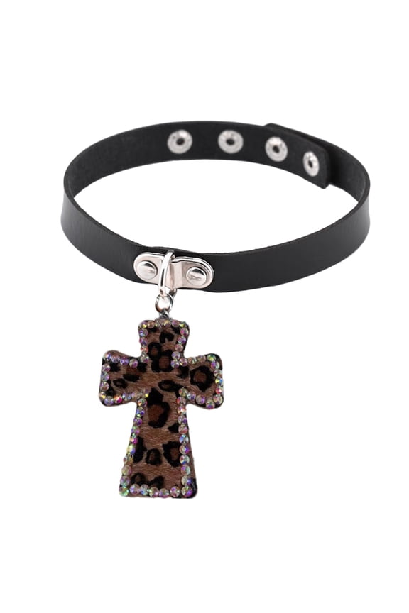 Y2K Leopard Print Choker Necklace Sexy Cross Choker Necklace for Women Hip Hop Diamond Cross Necklace Jewelry Making