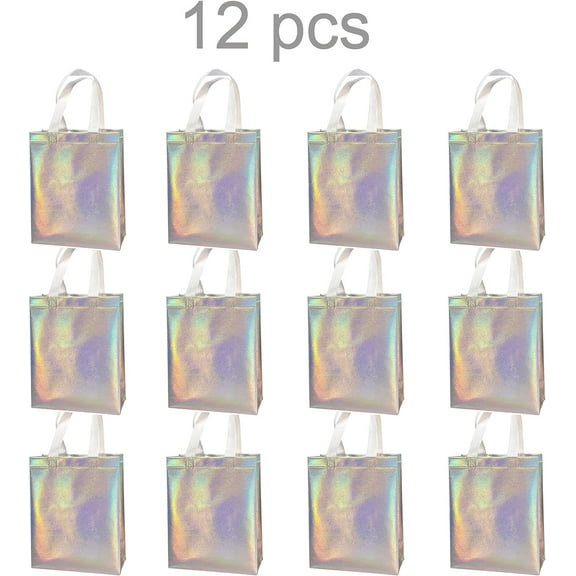 ZYHH 12 Pack Iridescent Gift Bags with Handles, Reusable Goodie Bags Medium Size,Non-Woven Iridescent Party Favor Bags, Birthday Holographic Gift totebag, Disco Bachelorette Party Bags