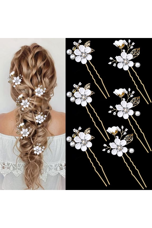 Bridal Flower Hair Pins | 6-Piece Crystal Pearl & Rhinestone Set | Pure White Gold Hair Clips for Brides & Bridesmaids