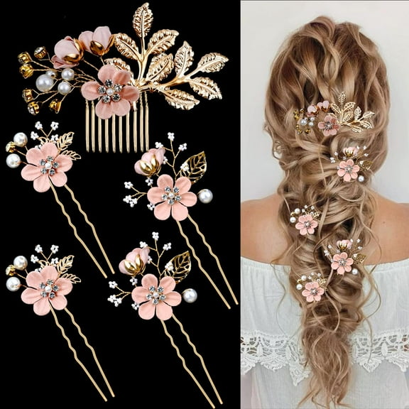ZYHH Bridal Flower Wedding Hair Pins 5 Pcs, Crystal Pearl Rhinestone Gold Hair Clips Headpiece for Brides Bridesmaids Women Girls, Cherry Blossoms Pink