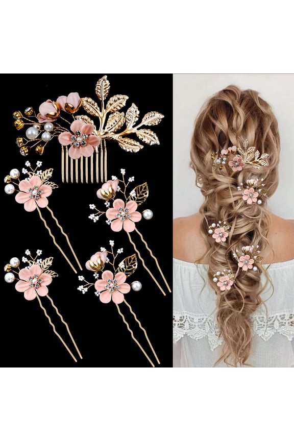 Bridal Flower Wedding Hair Pins 5 Pcs, Crystal Pearl Rhinestone Gold Hair Clips Headpiece for Brides Bridesmaids Women Girls, Cherry Blossoms Pink