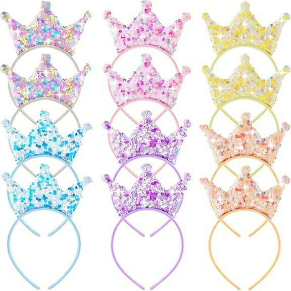 ZYHH Glitter Princess Crown Headbands | 12-Pack Sequin Tiara Hairbands | Party Prom Decorations for Girls