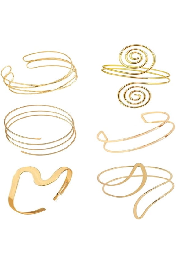 Minimalist Gold Arm Cuff Bracelet for Women, Adjustable Upper Arm Bangle Set, 6 Piece Non-Tarnish Plated Armband Jewelry