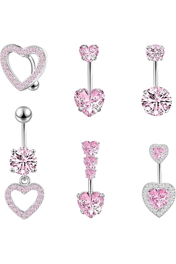 Pink Heart Belly Button Ring for Women, Surgical Steel 14G Navel Piercing Jewelry, Cute Belly Ring with Heart Design