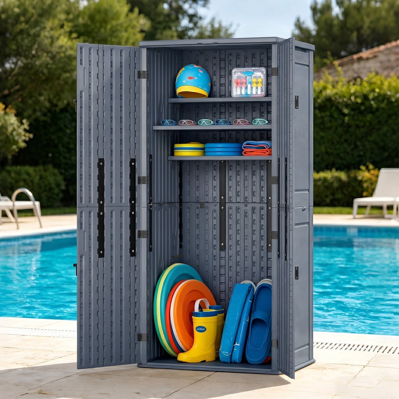 ZYJOYY, Outdoor Storage Cabinet, 30 Cu ft, Waterproof Resin Gray