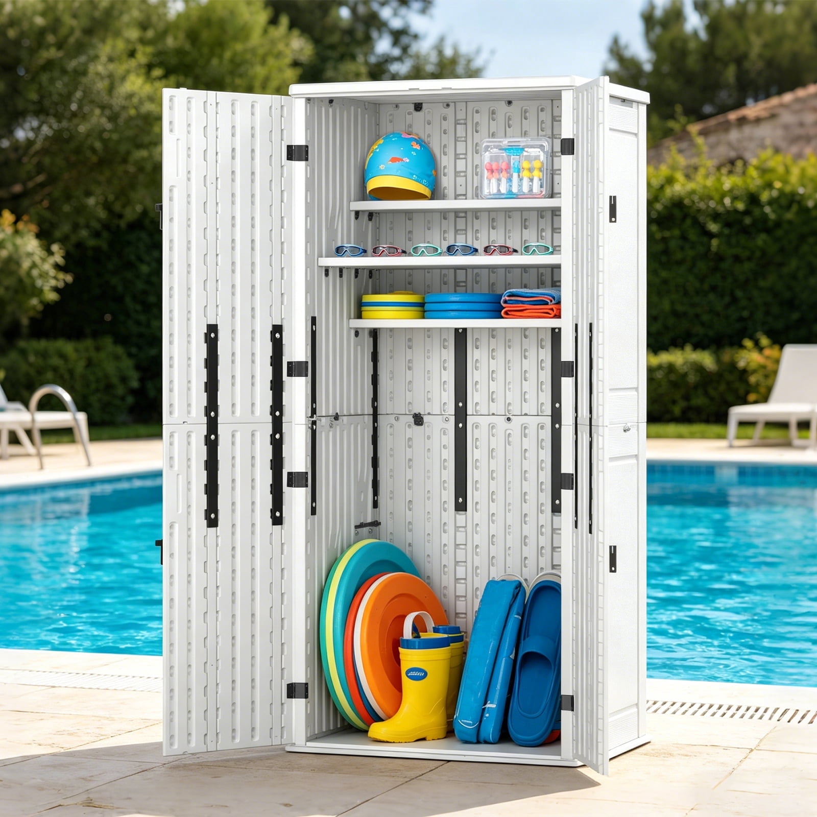 ZYJOYY, Outdoor Storage Cabinet, 30 Cu ft, White Waterproof Resin